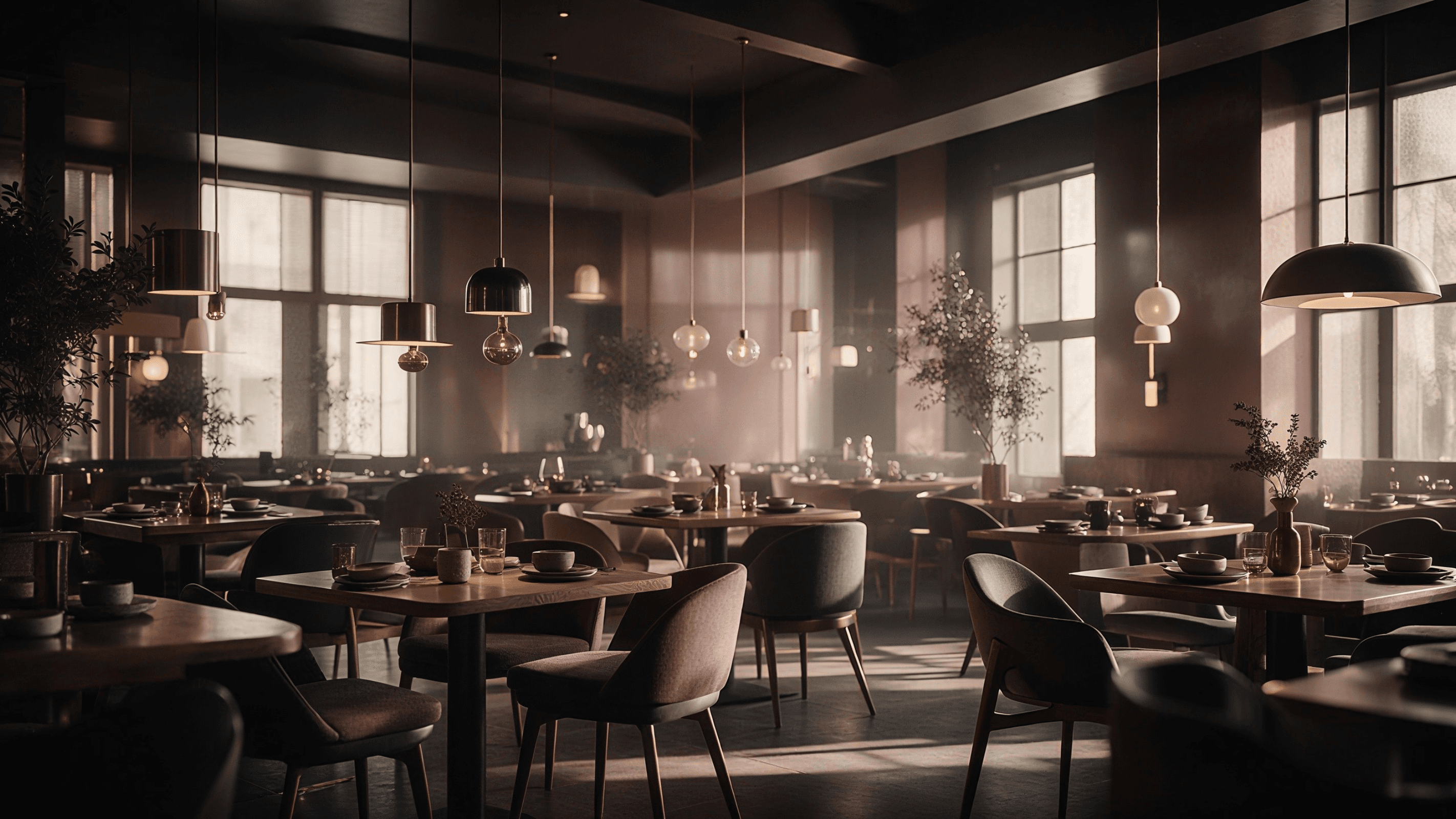 Atmospheric modern restaurant interior with elegant wooden dining tables